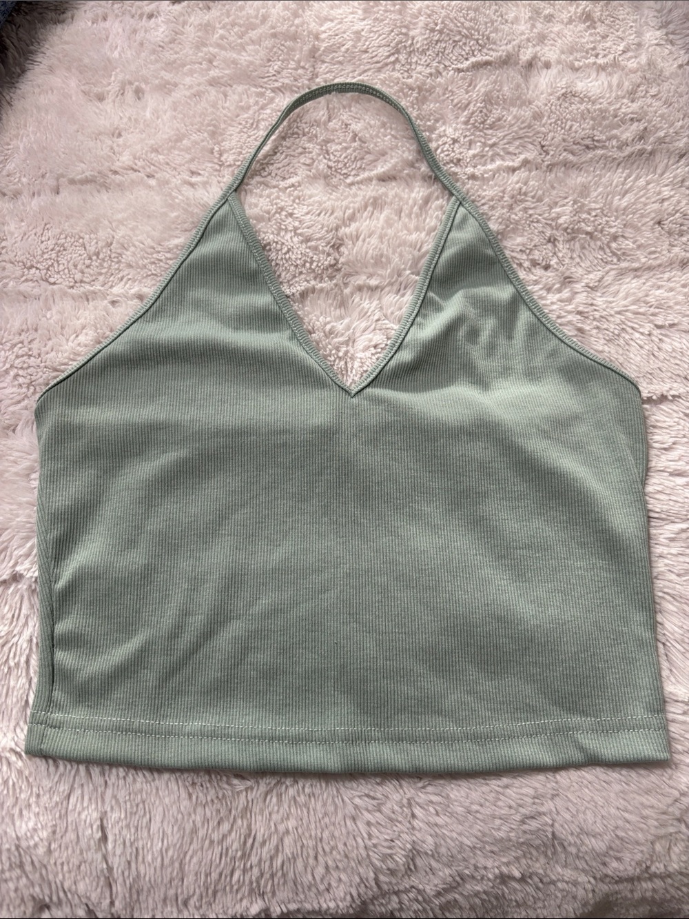 SHEIN Light Sage Ribbed Halter V-Neck Crop Top